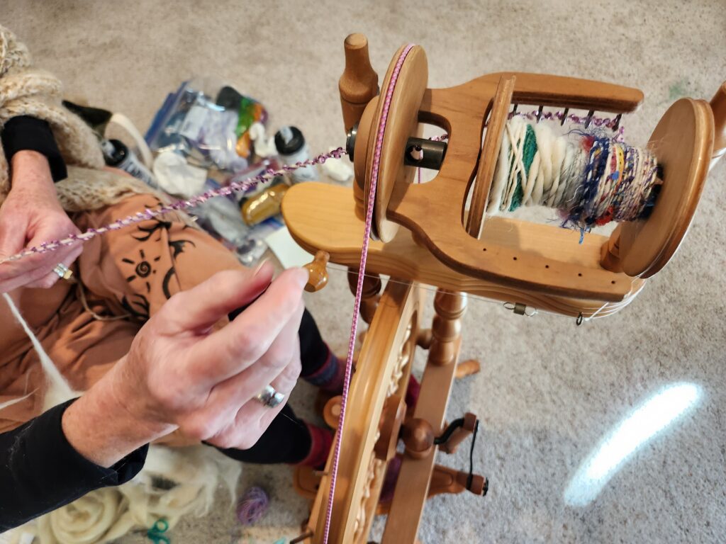 Close-up of art yarn on a bobbin