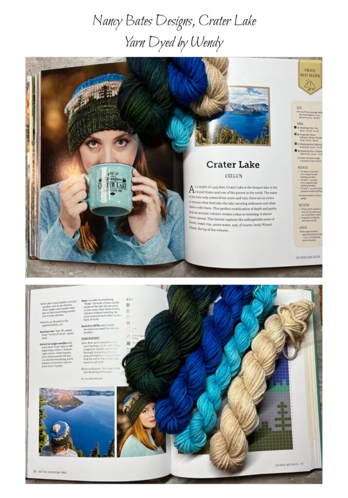 blue, black, beige yarns with book