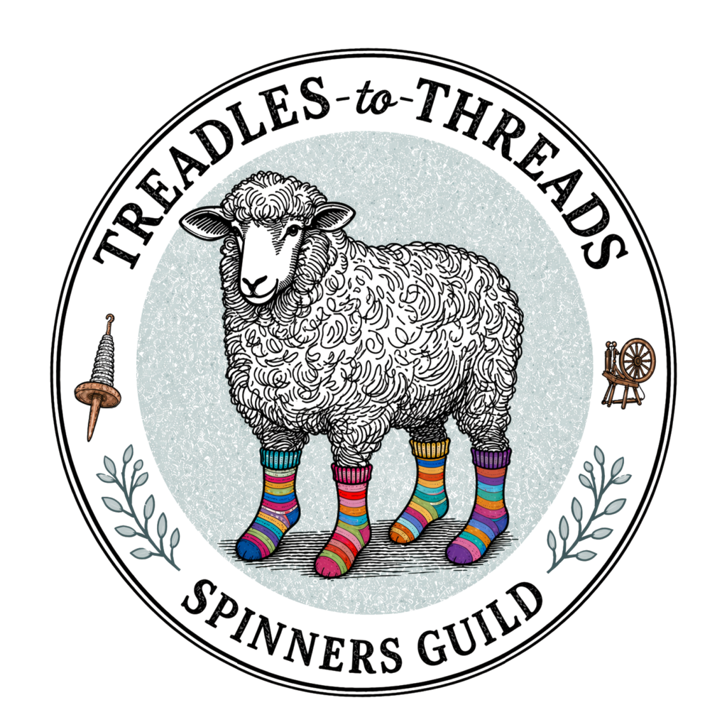 Treadles to Threads logo with sheep with striped colored stockings