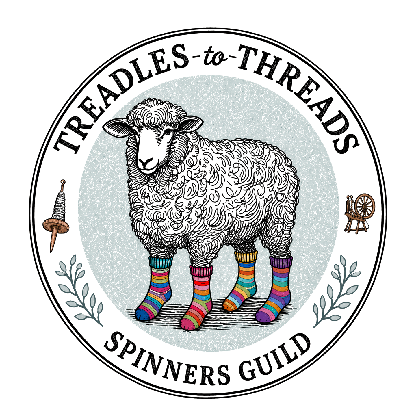 Treadles to Threads logo with sheep with striped colored stockings